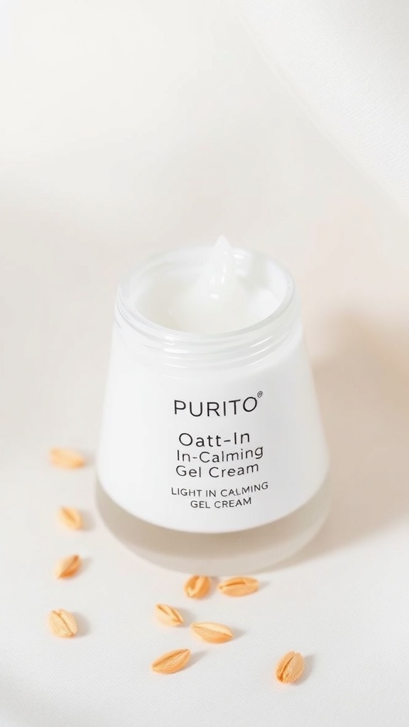 Purito Seoul Oat-In Calming Gel Cream 100ml bottle with gel texture on a soft background.